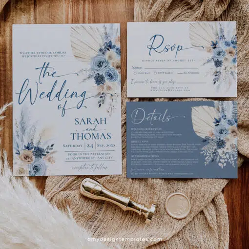 Dusty blue boho wedding invitation template set with pampas grass, belly band, envelope liner, RSVP, and floral detail cards on white background.