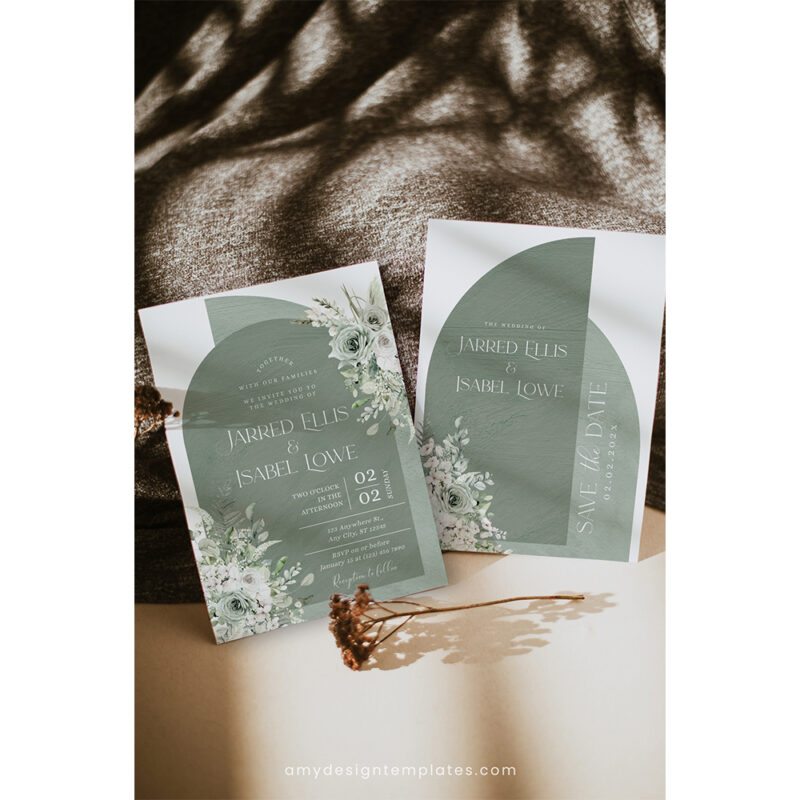 Boho Sage Green Wedding Invitation Suite | Editable Greenery Arched Template