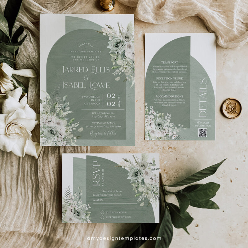 Boho Sage Green Wedding Invitation Suite | Editable Greenery Arched Template