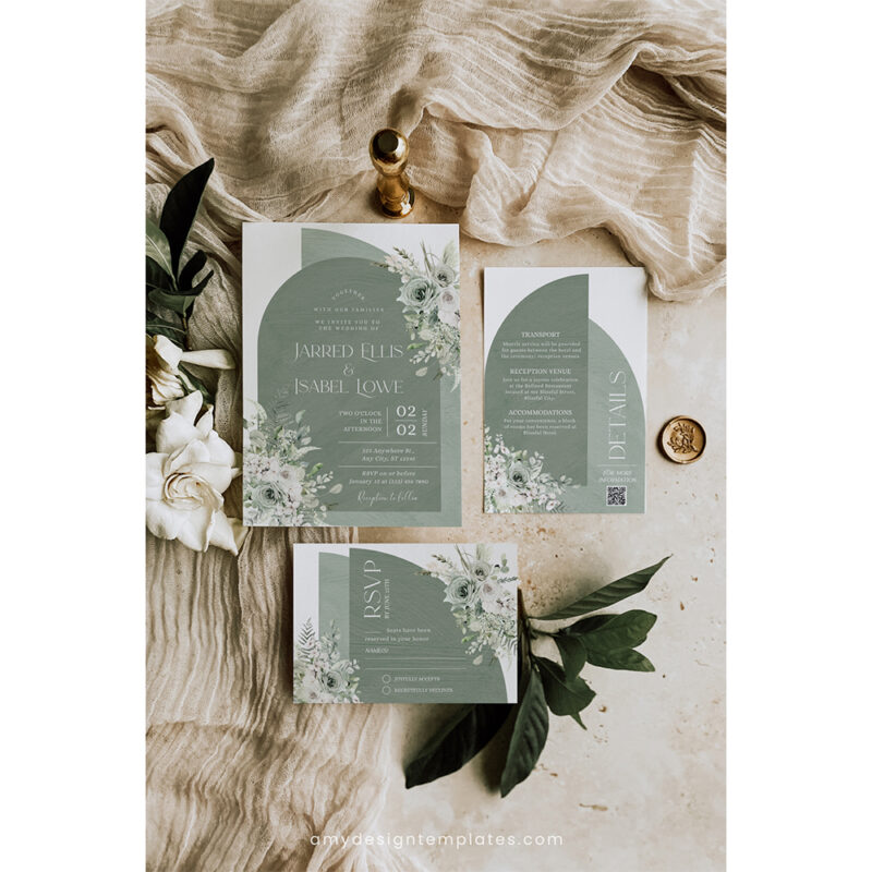 Boho Sage Green Wedding Invitation Suite | Editable Greenery Arched Template