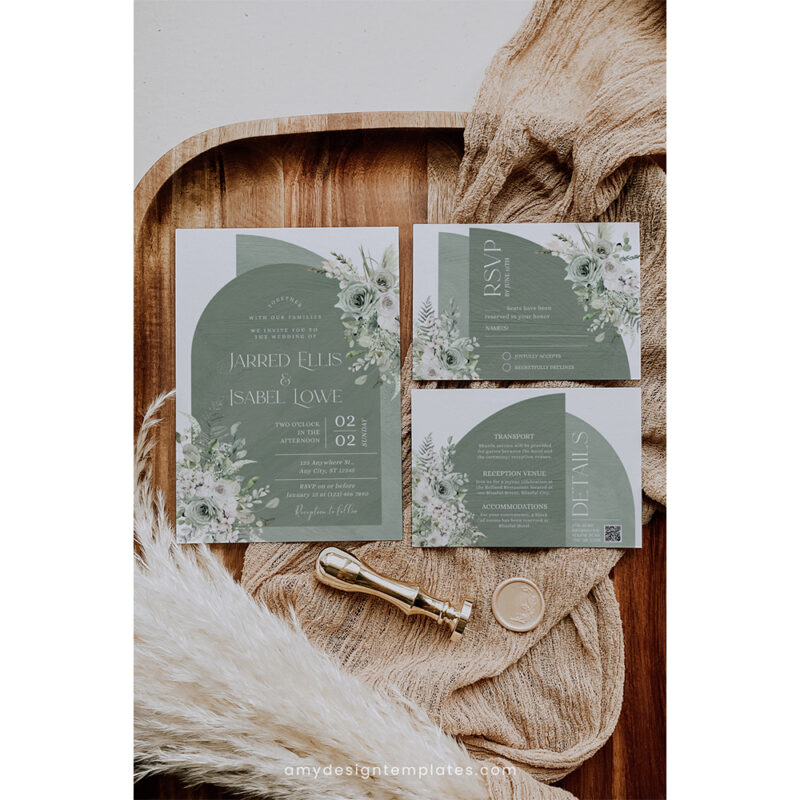 Boho Sage Green Wedding Invitation Suite | Editable Greenery Arched Template