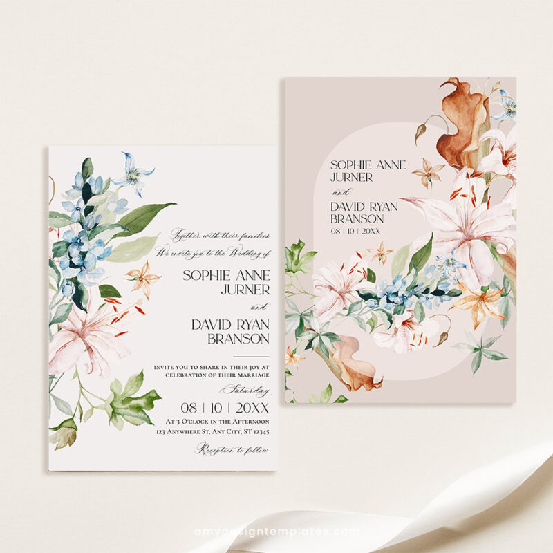 Floral Wedding Invitation Suite | Editable Botanical Wedding Invite Template