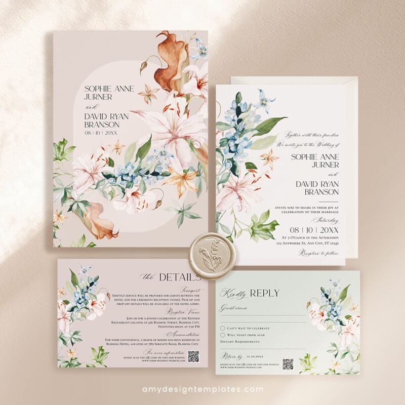 Floral Wedding Invitation Suite | Editable Botanical Wedding Invite Template