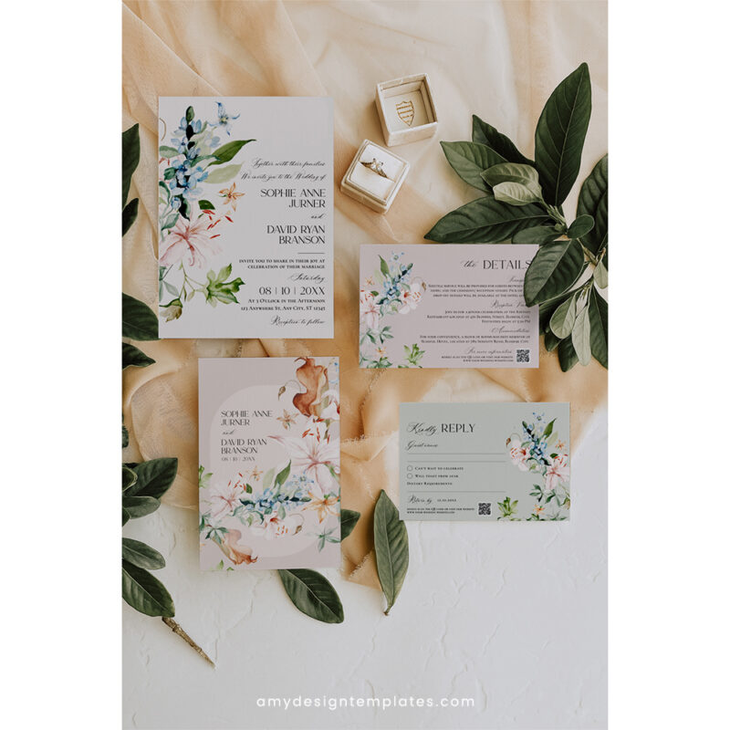 Floral Wedding Invitation Suite | Editable Botanical Wedding Invite Template