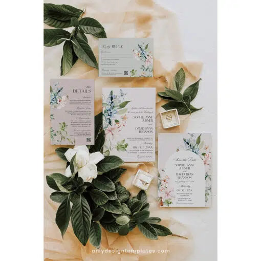 Floral Wedding Invitation Suite | Editable Botanical Wedding Invite Template