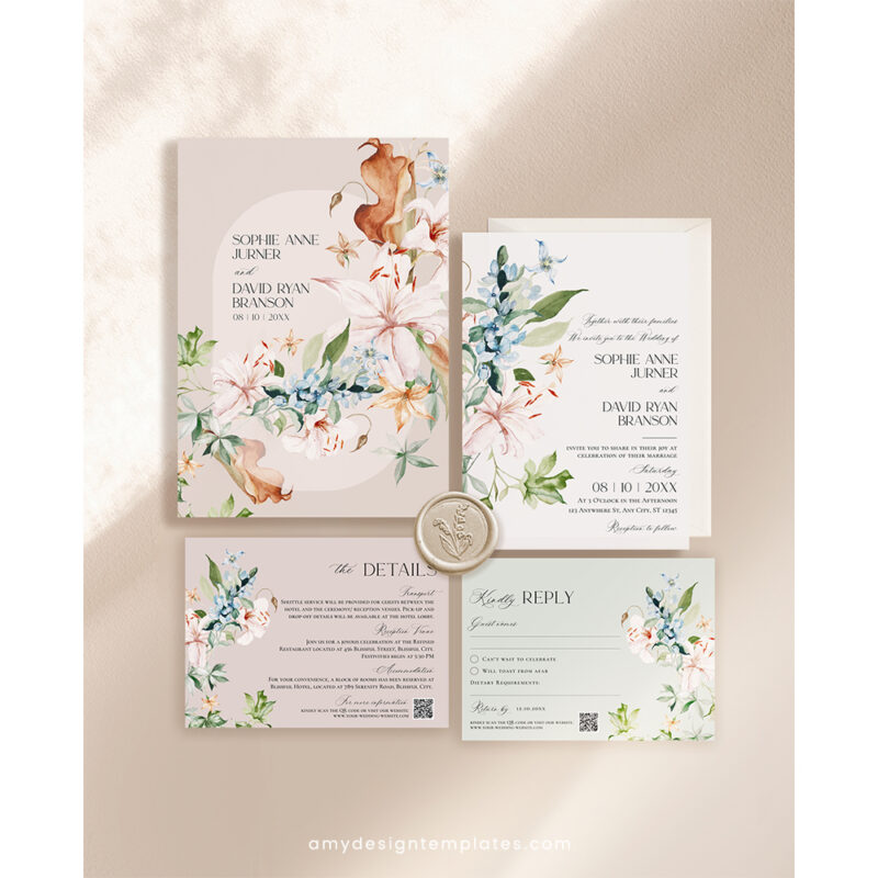 Floral Wedding Invitation Suite | Editable Botanical Wedding Invite Template
