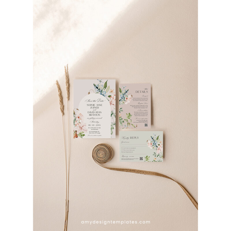 Floral Wedding Invitation Suite | Editable Botanical Wedding Invite Template