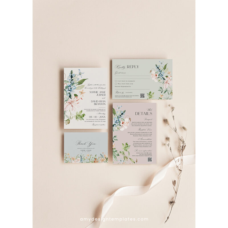 Floral Wedding Invitation Suite | Editable Botanical Wedding Invite Template