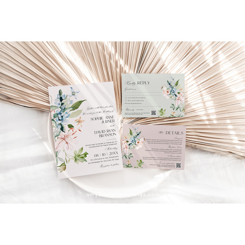 Floral Wedding Invitation Suite | Editable Botanical Wedding Invite Template