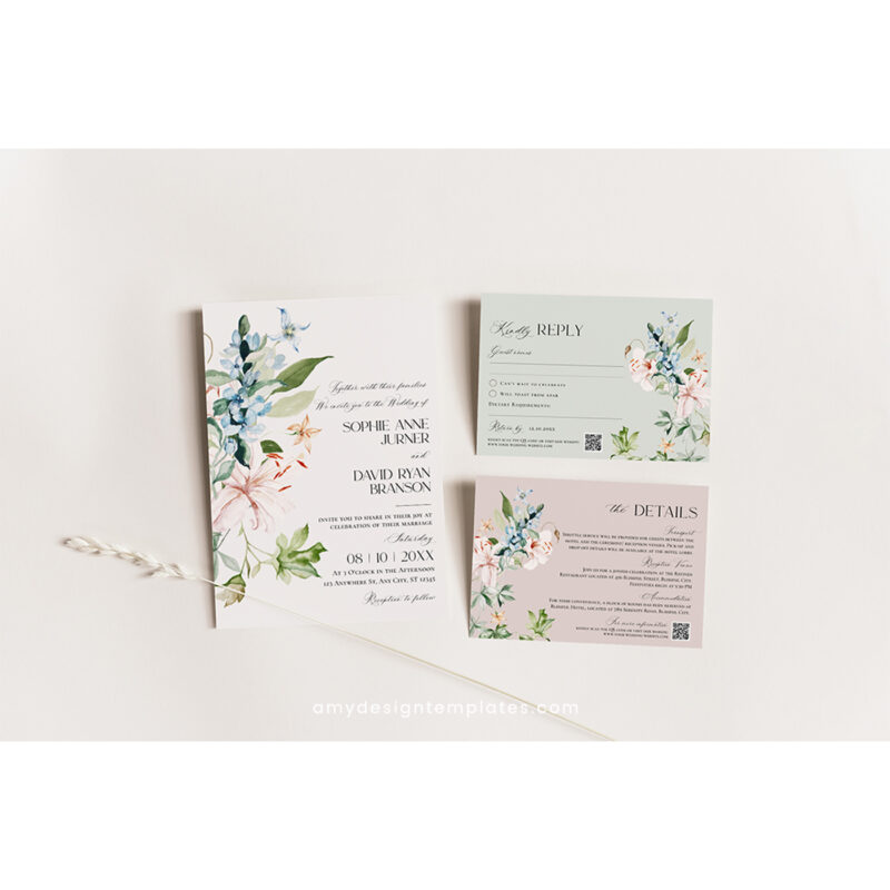 Floral Wedding Invitation Suite | Editable Botanical Wedding Invite Template