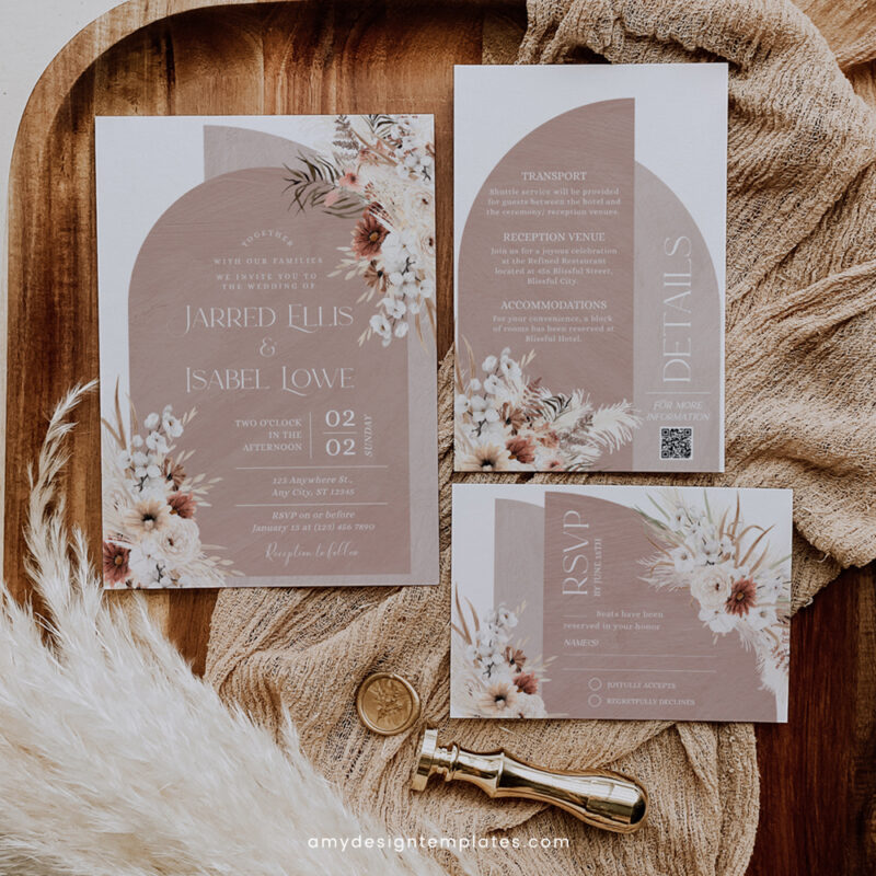 Modern Boho Wedding Invitation Suite | Editable Arched Bohemian Wedding Template