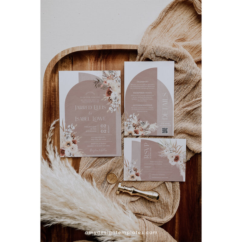 Modern Boho Wedding Invitation Suite | Editable Arched Bohemian Wedding Template