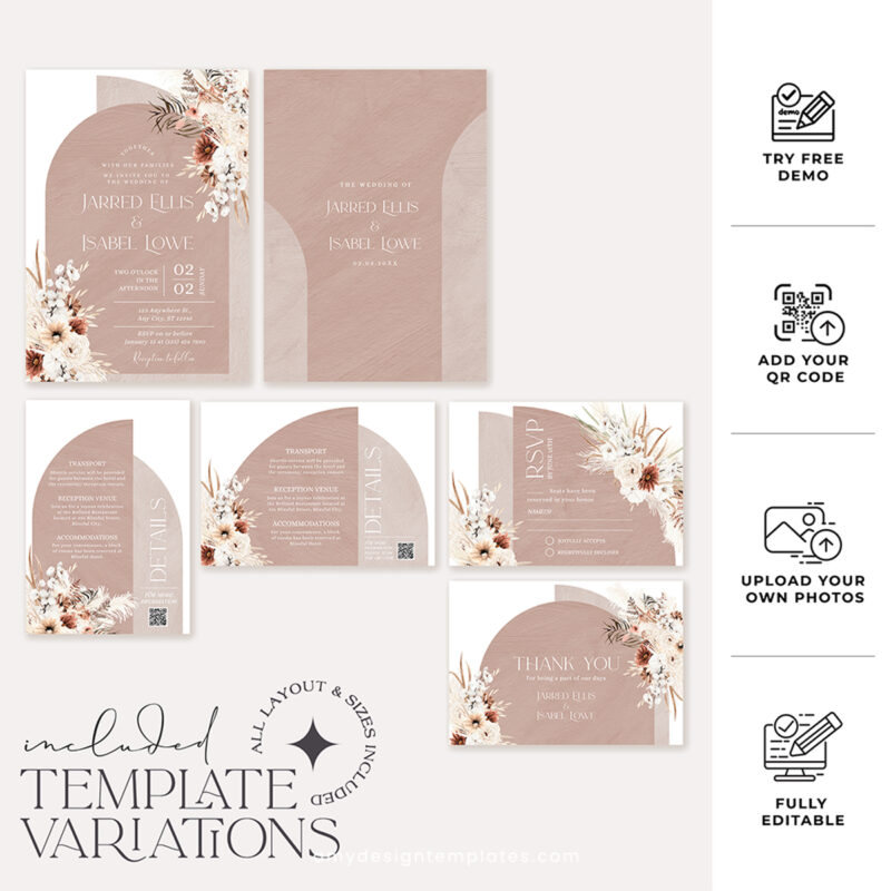 Modern Boho Wedding Invitation Suite | Editable Arched Bohemian Wedding Template
