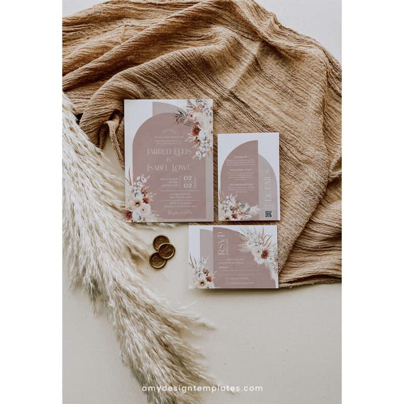 Modern Boho Wedding Invitation Suite | Editable Arched Bohemian Wedding Template