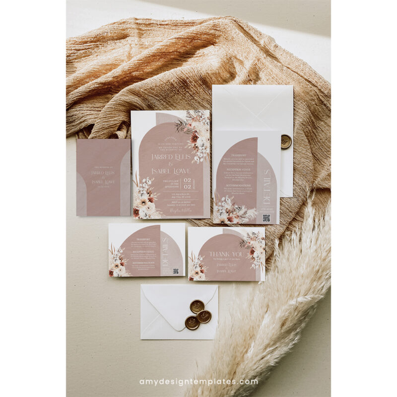 Modern Boho Wedding Invitation Suite | Editable Arched Bohemian Wedding Template