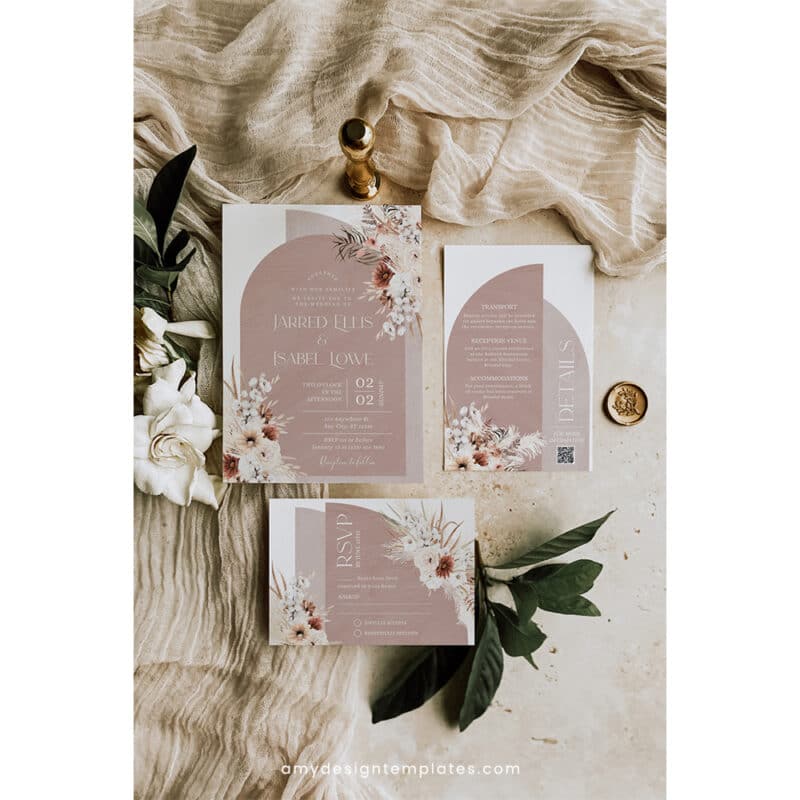 Modern Boho Wedding Invitation Suite | Editable Arched Bohemian Wedding Template
