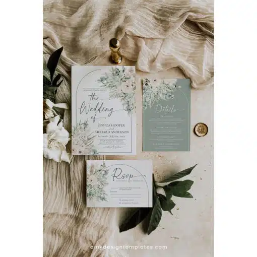 Boho Sage Green Wedding Invitation Template | Editable Greenery Wedding Invite Suite