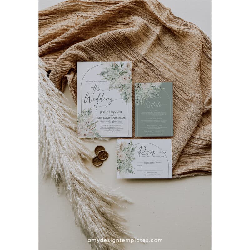 Boho Sage Green Wedding Invitation Template | Editable Greenery Wedding Invite Suite