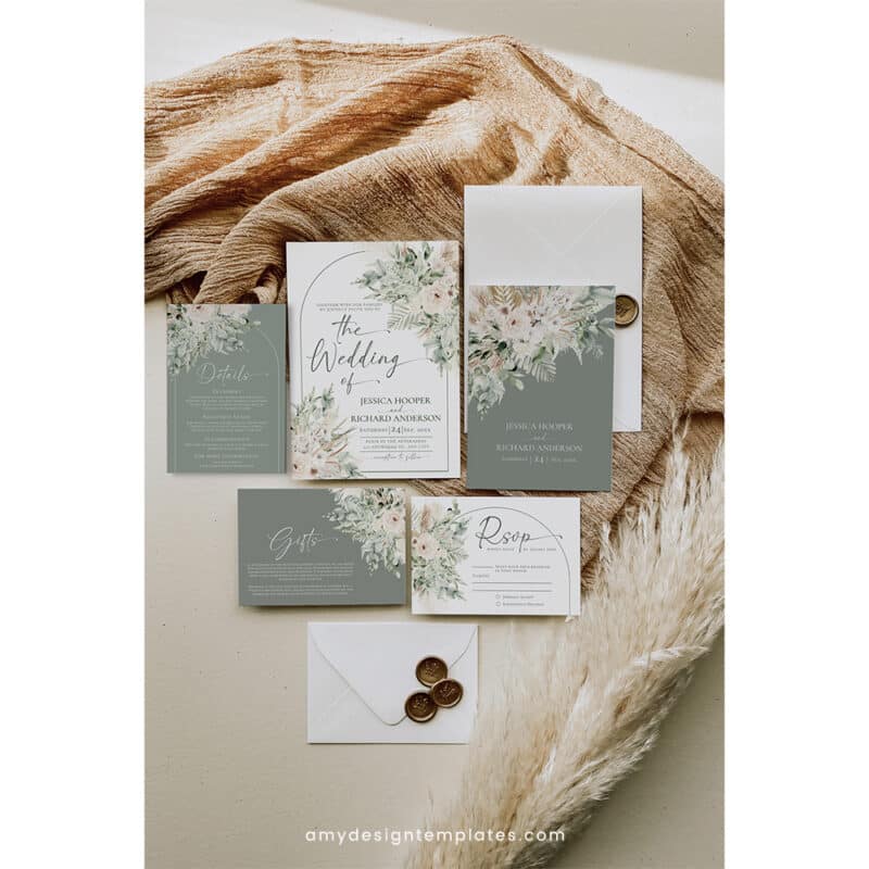 Boho Sage Green Wedding Invitation Template | Editable Greenery Wedding Invite Suite