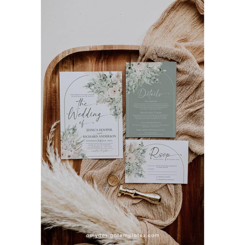 Boho Sage Green Wedding Invitation Template | Editable Greenery Wedding Invite Suite