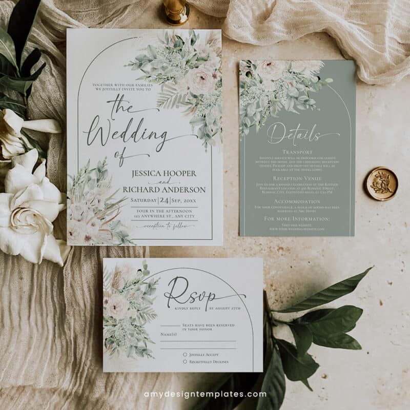 Boho Sage Green Wedding Invitation Template | Editable Greenery Wedding Invite Suite