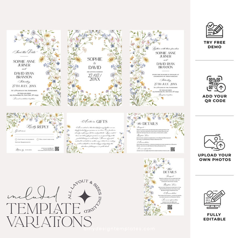Wildflower Wedding Invitation Suite | Editable Botanical Wedding Invite Set