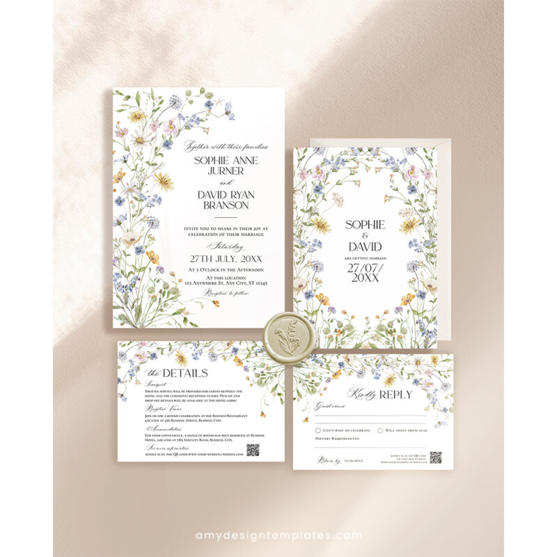 Wildflower Wedding Invitation Suite | Editable Botanical Wedding Invite Set