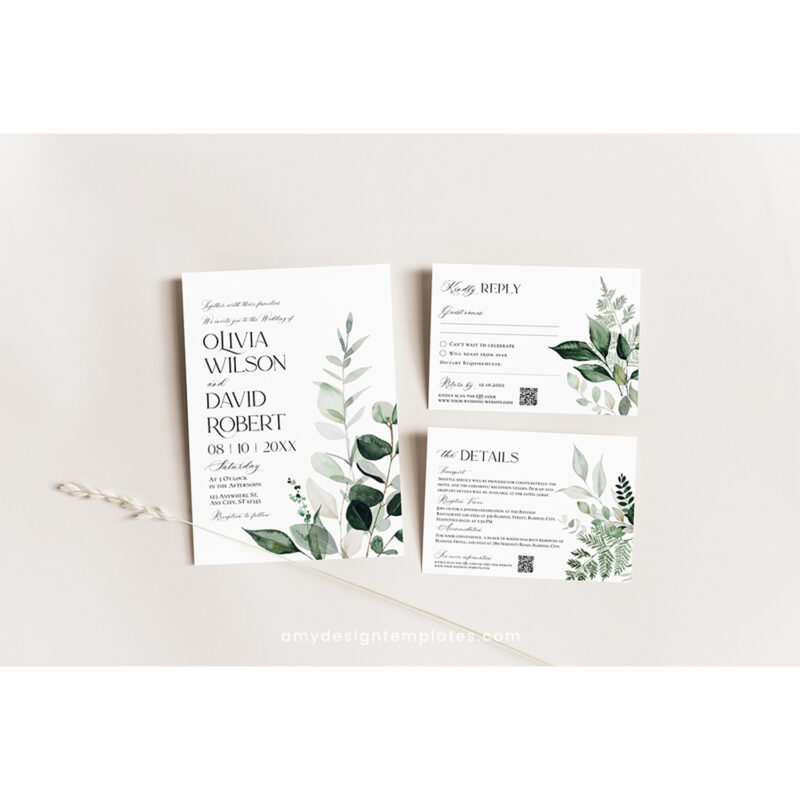 Greenery Wedding Invitation Template | Modern Minimalist Botanical Wedding Suite