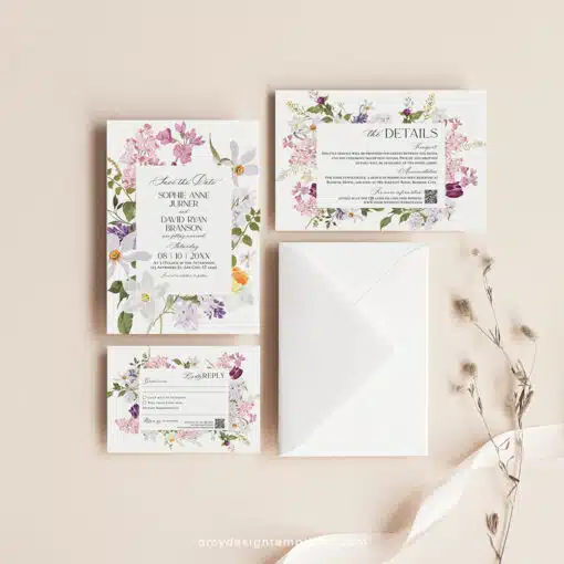 Floral Wedding Invitation Suite | Purple Lilac Garden Wedding Invite Template