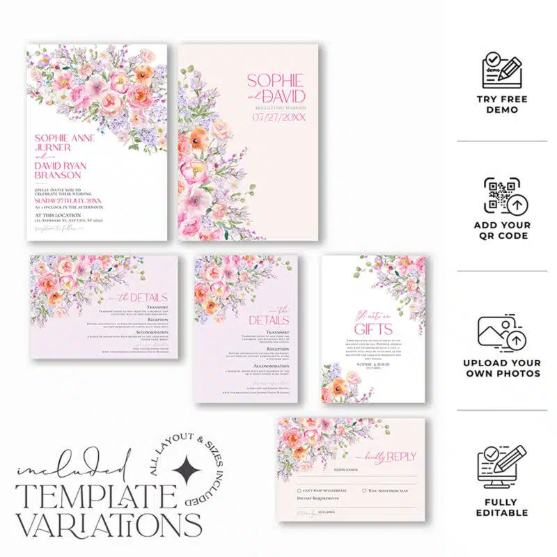 Spring Floral Wedding Invitation Template | Editable Bright Botanical Wedding Invite