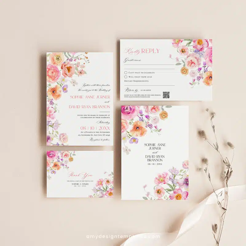 Floral Wedding Invitation Template | Editable Bright Spring Wedding Invite Suite