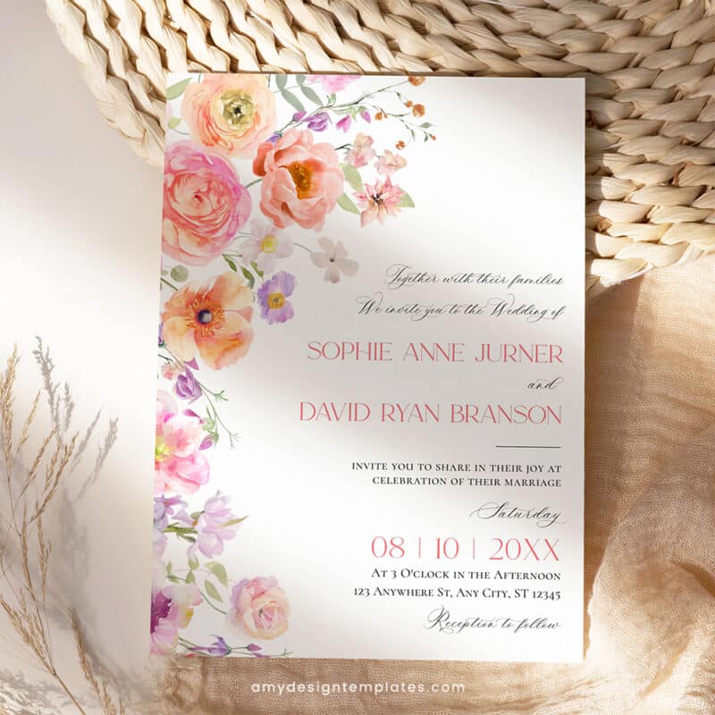 Floral Wedding Invitation Template | Editable Bright Spring Wedding Invite Suite
