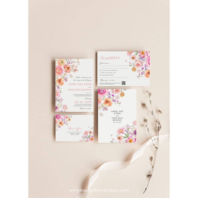 Floral Wedding Invitation Template | Editable Bright Spring Wedding Invite Suite