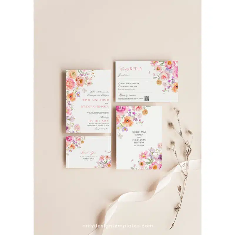 Floral Wedding Invitation Template | Editable Bright Spring Wedding Invite Suite