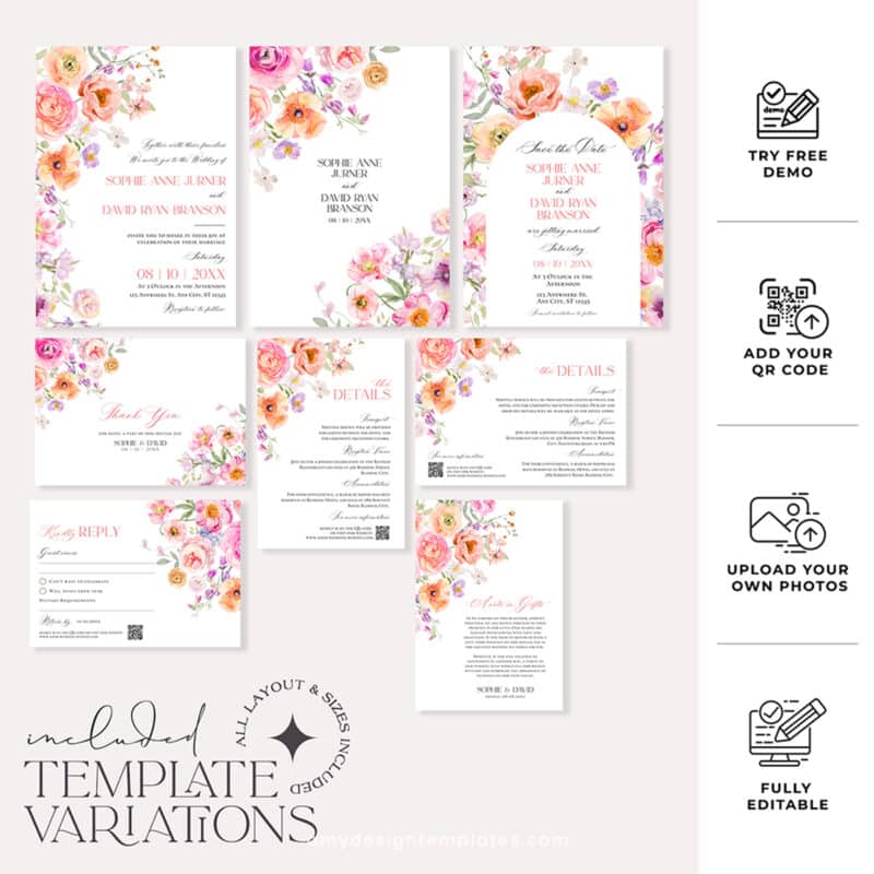 Floral Wedding Invitation Template | Editable Bright Spring Wedding Invite Suite
