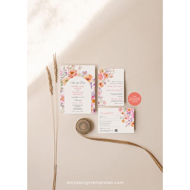 Floral Wedding Invitation Template | Editable Bright Spring Wedding Invite Suite