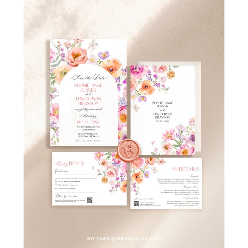 Floral Wedding Invitation Template | Editable Bright Spring Wedding Invite Suite