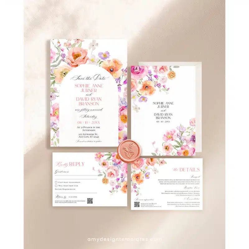 Floral Wedding Invitation Template | Editable Bright Spring Wedding Invite Suite