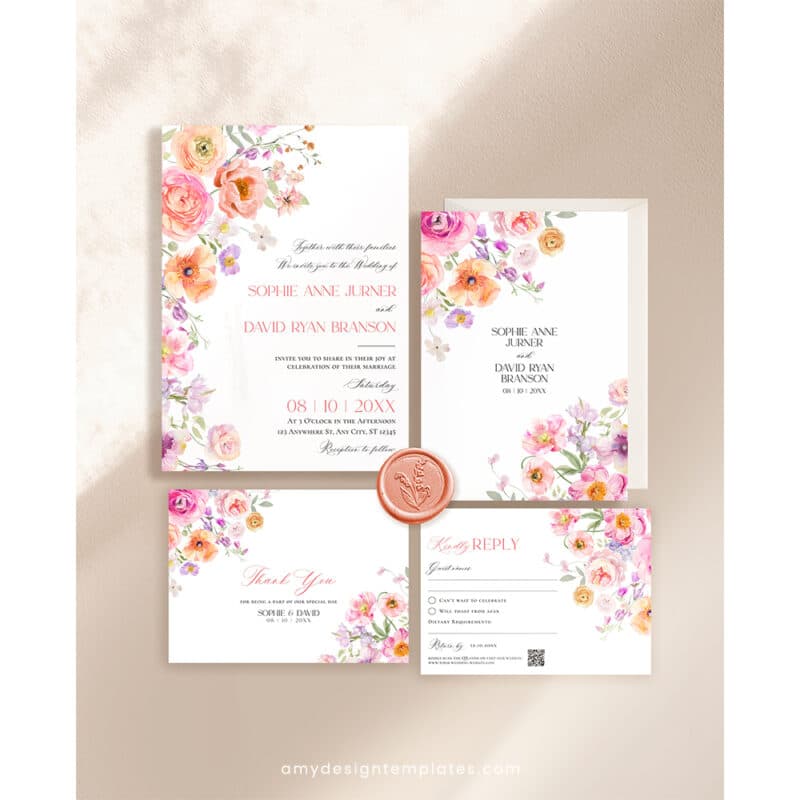 Floral Wedding Invitation Template | Editable Bright Spring Wedding Invite Suite
