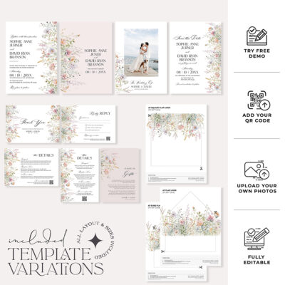 Floral Wedding Invitation Template | Editable Wildflower Meadow Wedding Invite