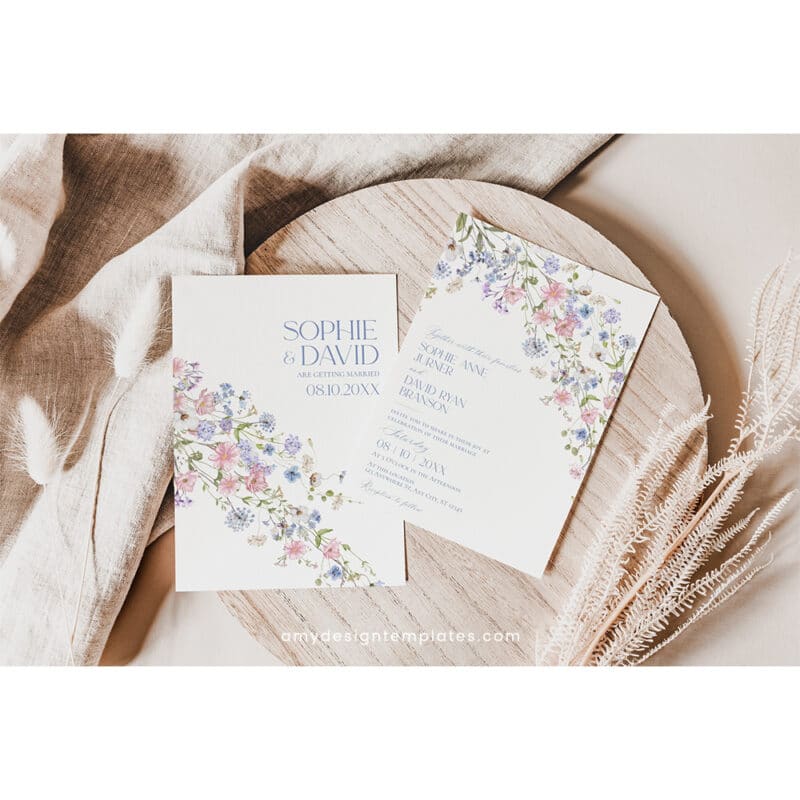 Floral Garden Wedding Invitation Template | Editable Bright Wildflower Wedding Invite Set