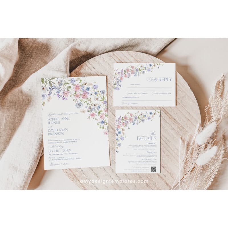 Floral Garden Wedding Invitation Template | Editable Bright Wildflower Wedding Invite Set