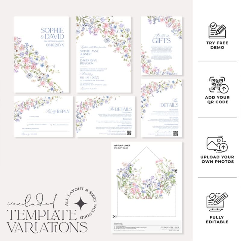 Floral Garden Wedding Invitation Template | Editable Bright Wildflower Wedding Invite Set