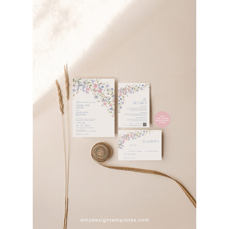 Floral Garden Wedding Invitation Template | Editable Bright Wildflower Wedding Invite Set