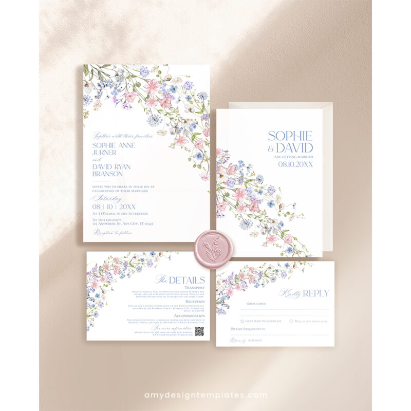 Floral Garden Wedding Invitation Template | Editable Bright Wildflower Wedding Invite Set
