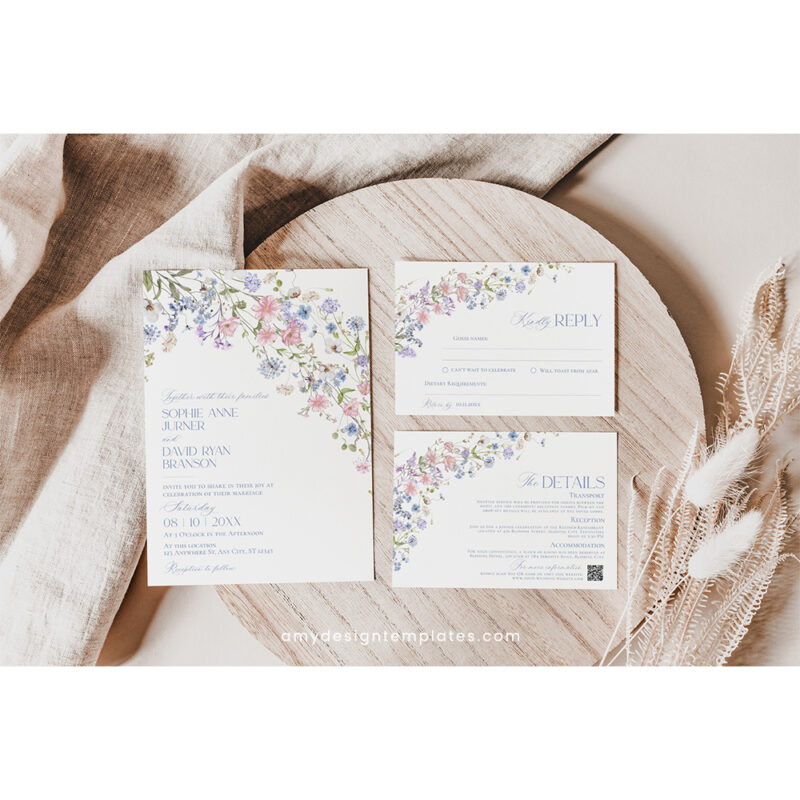 Floral Garden Wedding Invitation Template | Editable Bright Wildflower Wedding Invite Set