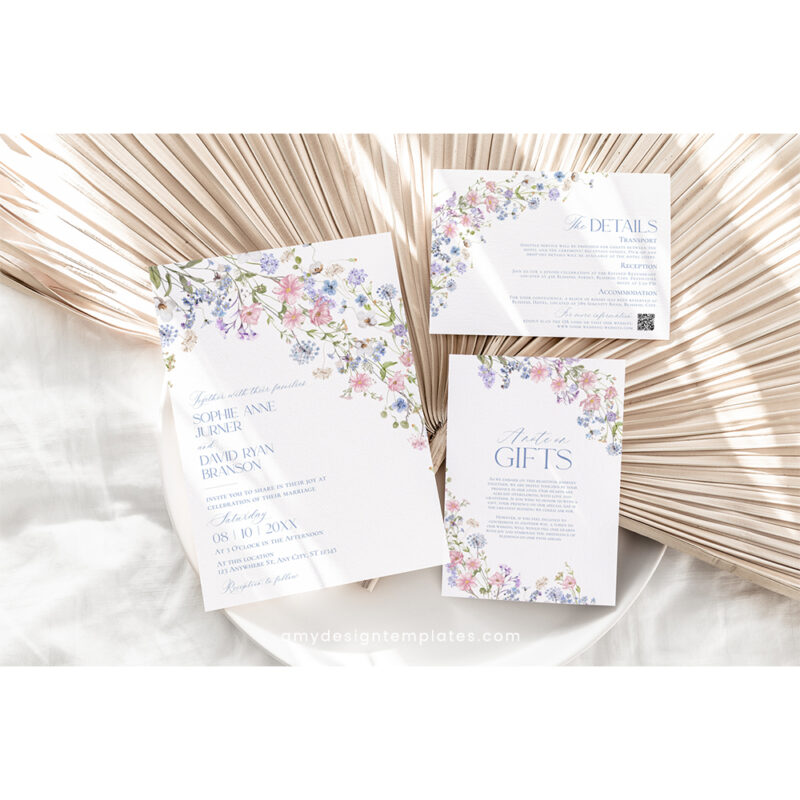 Floral Garden Wedding Invitation Template | Editable Bright Wildflower Wedding Invite Set