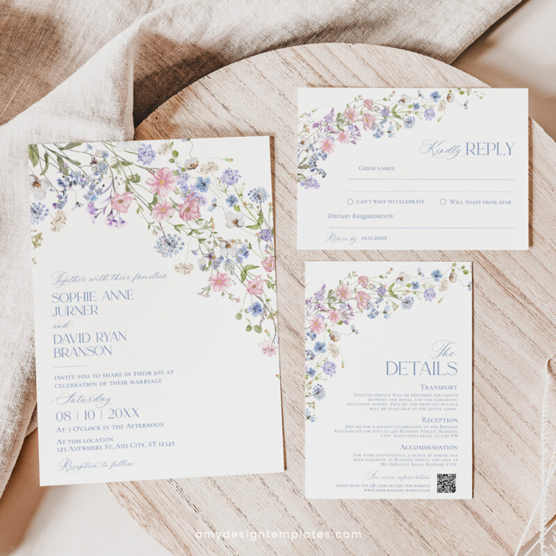 Floral Garden Wedding Invitation Template | Editable Bright Wildflower Wedding Invite Set