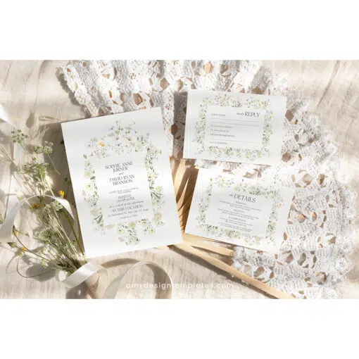 Wildflower Wedding Invitation Template with cream roses and white background, featuring editable floral garden style and matching RSVP and enclosure cards.
