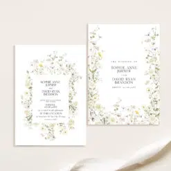 Wildflower Wedding Invitation Template with cream roses and white background, featuring editable floral garden style and matching RSVP and enclosure cards.